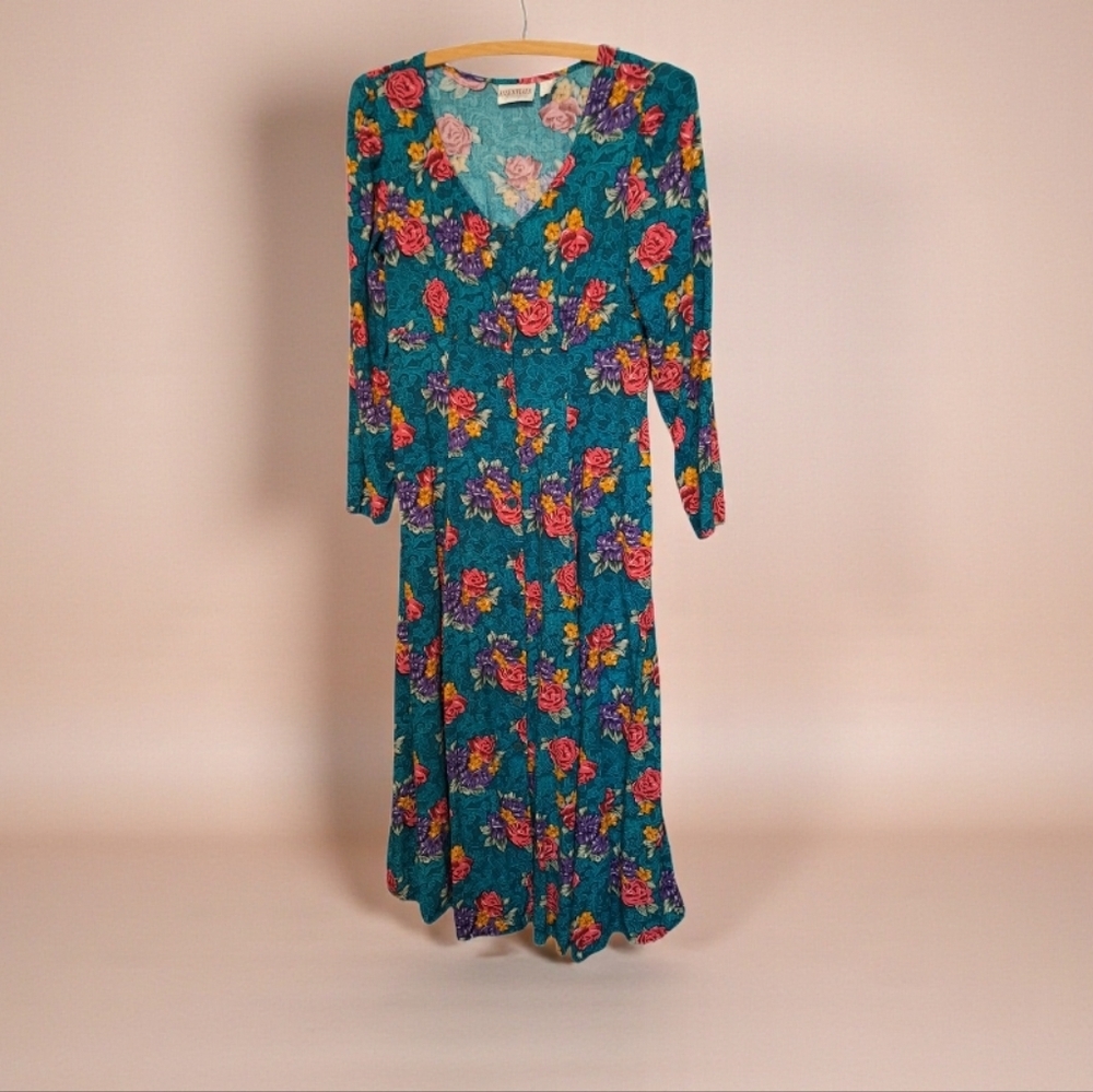 Vintage Essentials Floral Long Sleeved Button Down Maxi Dress Boho 90's Roses